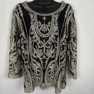 Ultra Pink Embroidered Blouse Womens Large Sheer Overlay‎ Sparkle Event